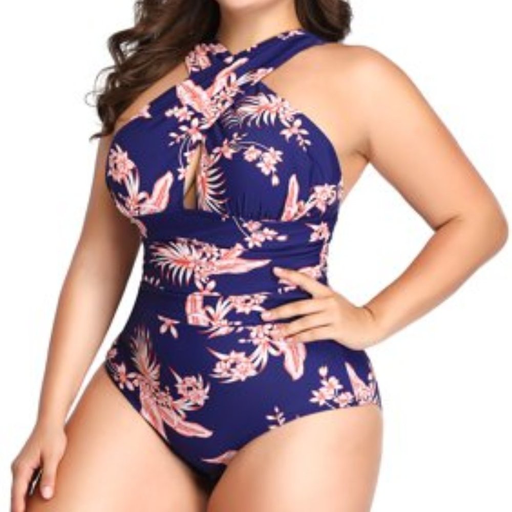 You Di An Pink Floral Print on Blue  Swimsuit